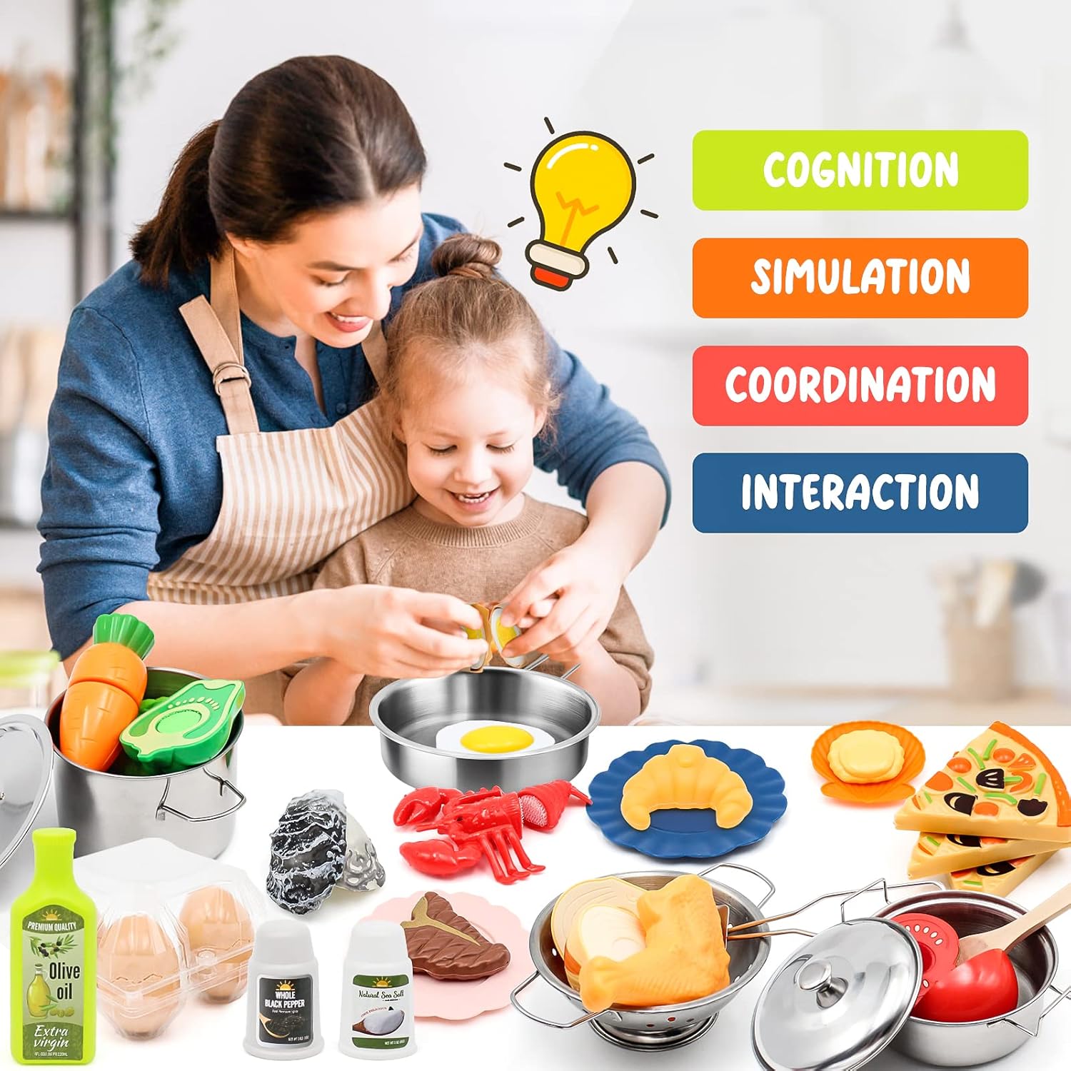 Kids Kitchen Playset - 38Pcs Stainless Steel Pots Pans Cooking Toys with Play Food Set