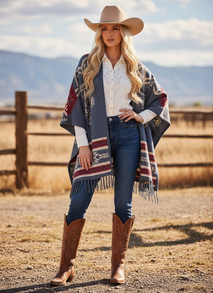 Southwest Reversible Shawl Wrap -Blue Jean